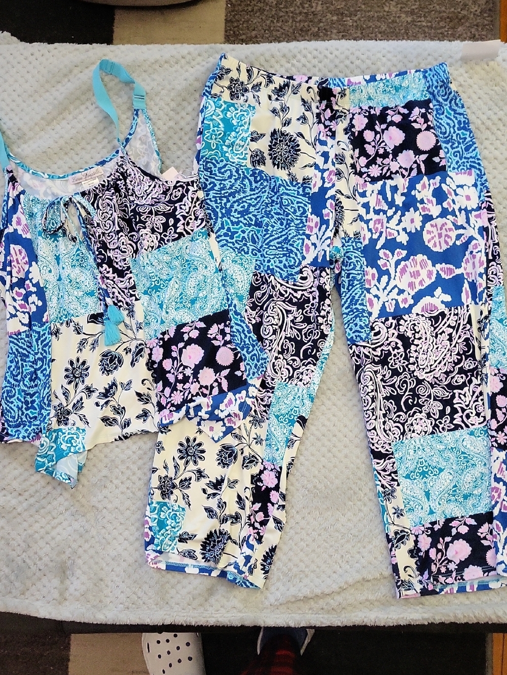 NWT Linea Donatella Blue Aqua Patchwork Pajama Set Size Small